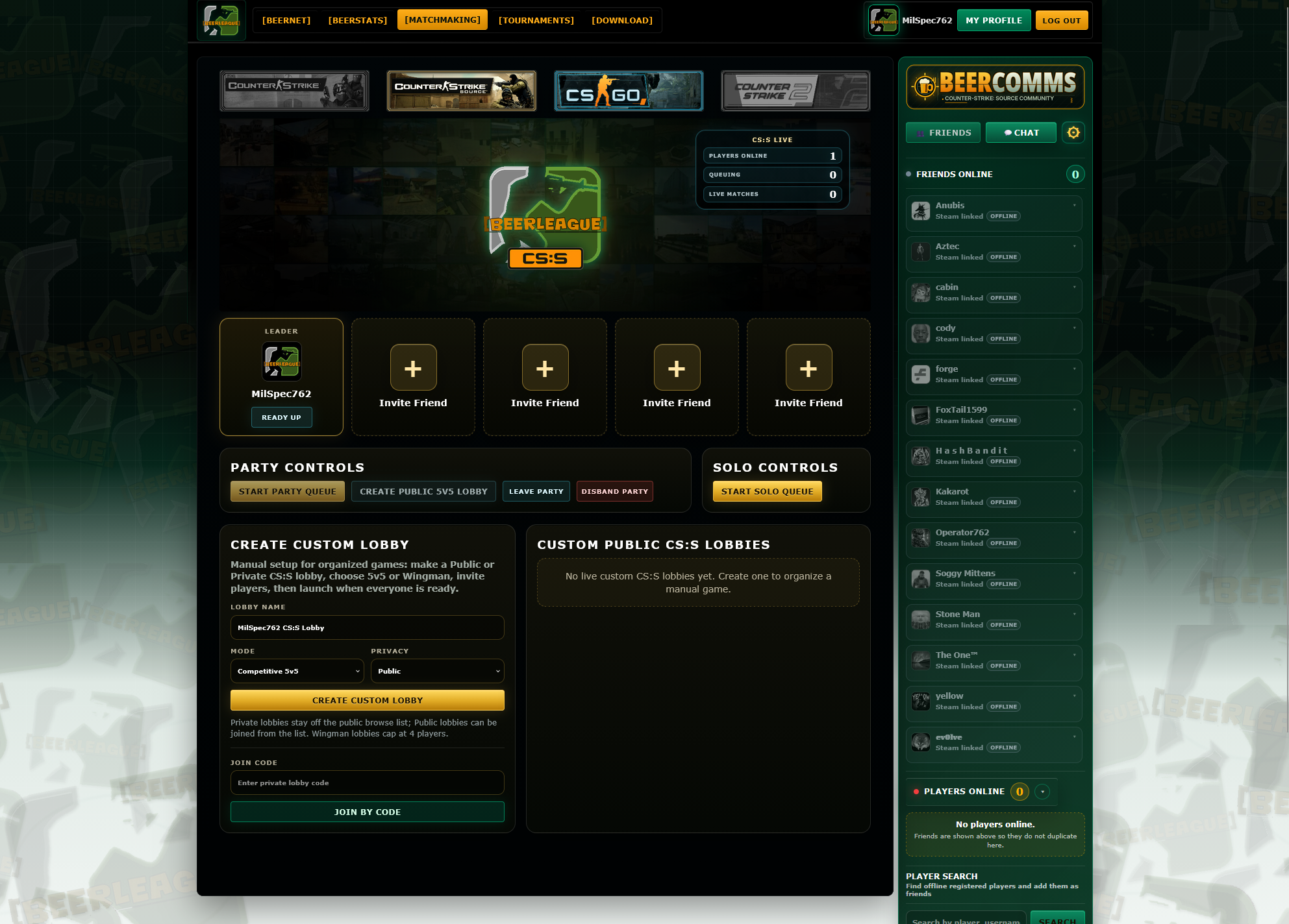BEERLEAGUE 5v5 matchmaking lobby interface